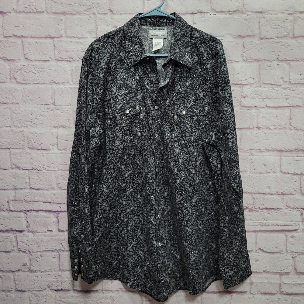 Wrangler Wrancher Western Shirt Men XLT Black Paisley Pearl Snap Y2K Gothic Boho